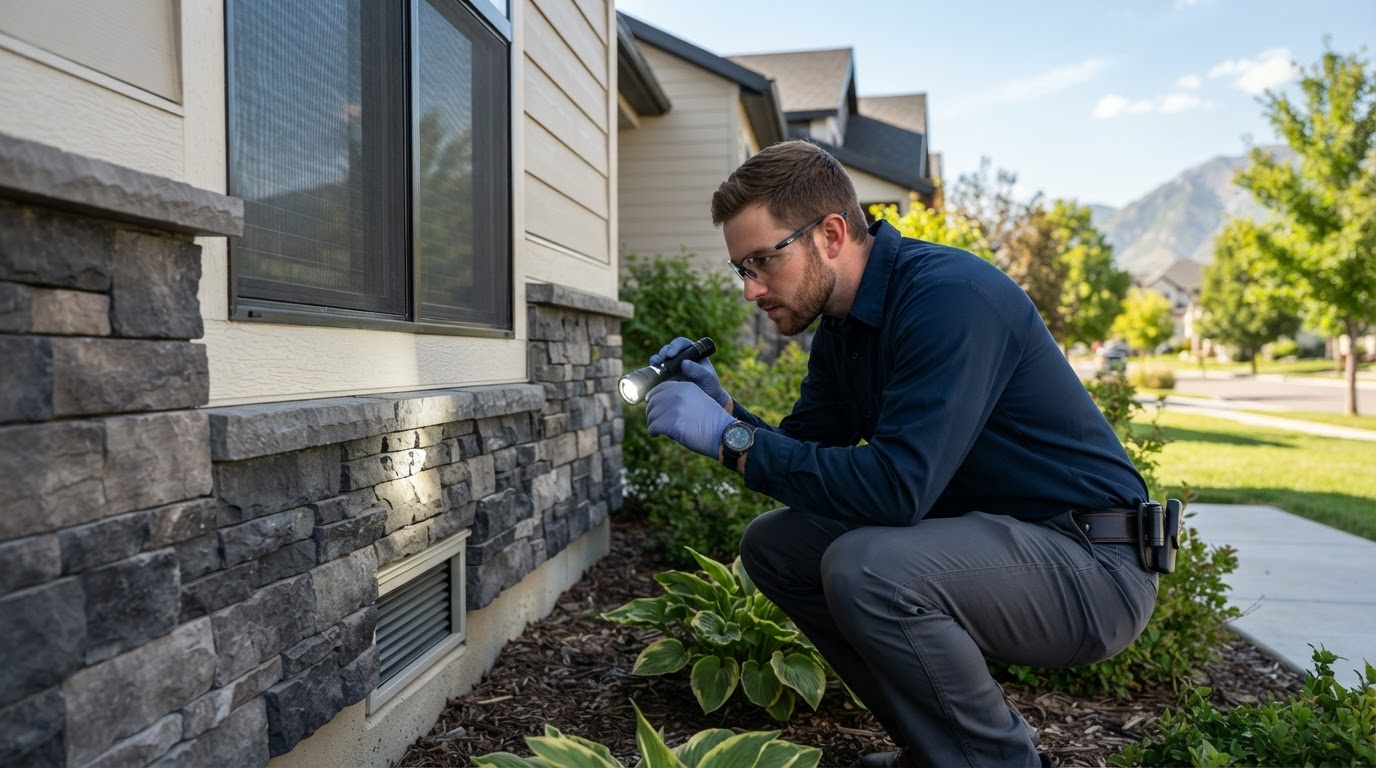 Perkins Pest Control technician inspecting residential foundation in Kaysville Utah