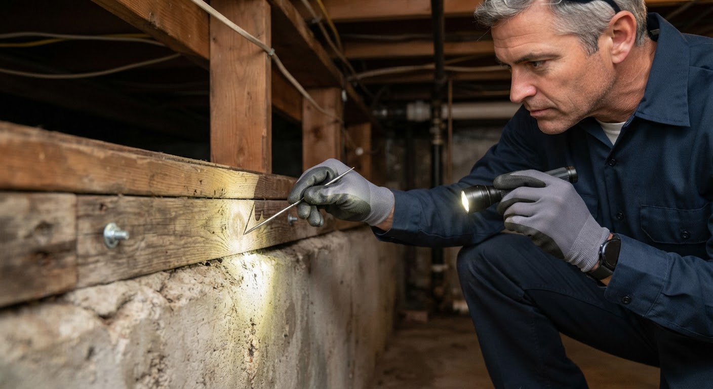 Detailed inspection of home wooden framing for termite activity