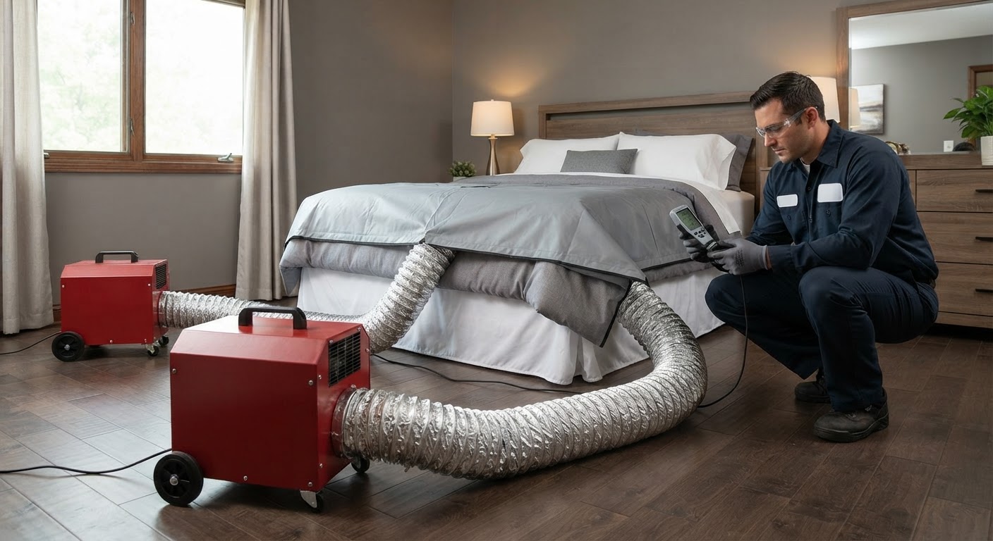Thermal heating equipment setup for residential bed bug remediation