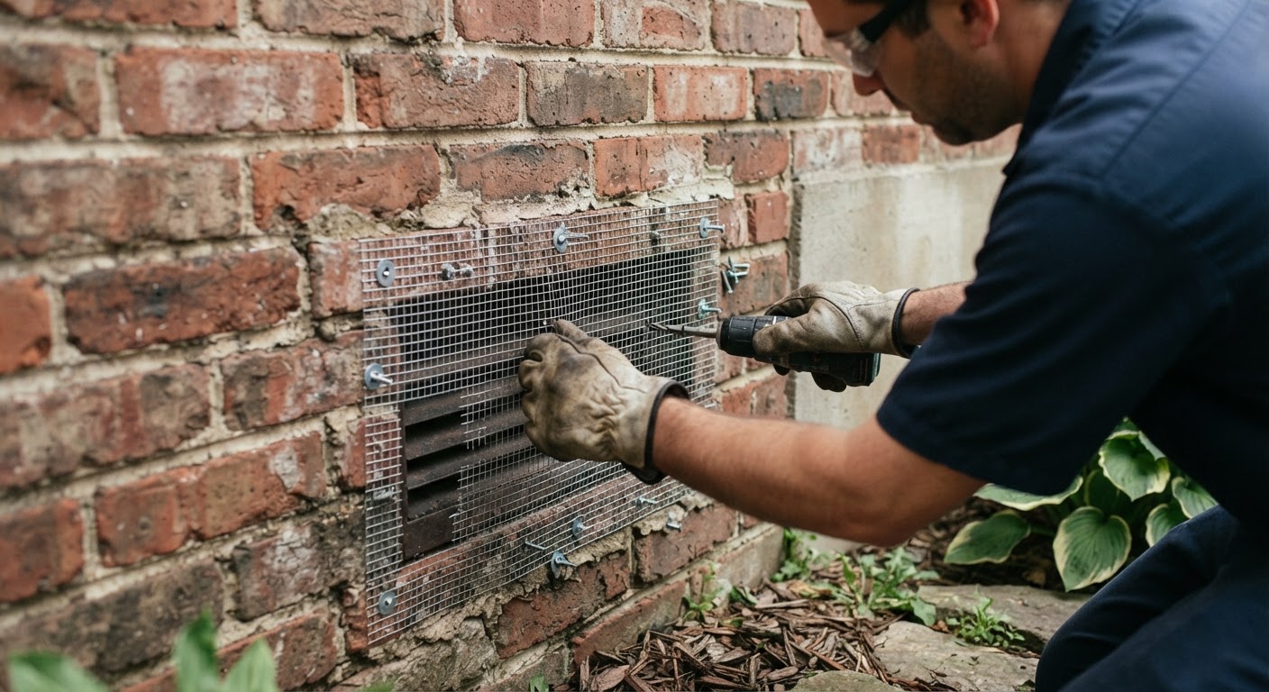 Inspector sealing crawl space foundation gaps with exclusion mesh