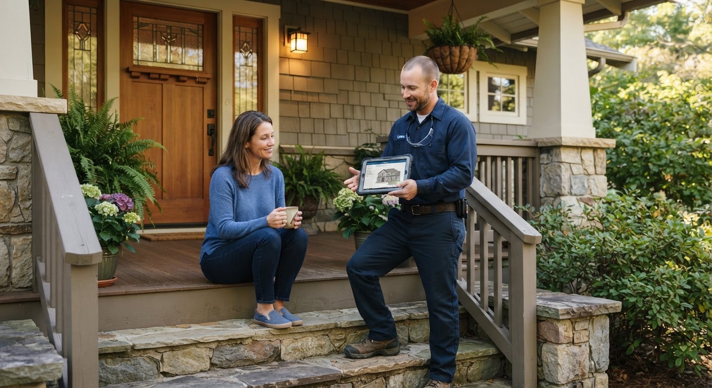 Consultative conversation between technician and homeowner on a front porch